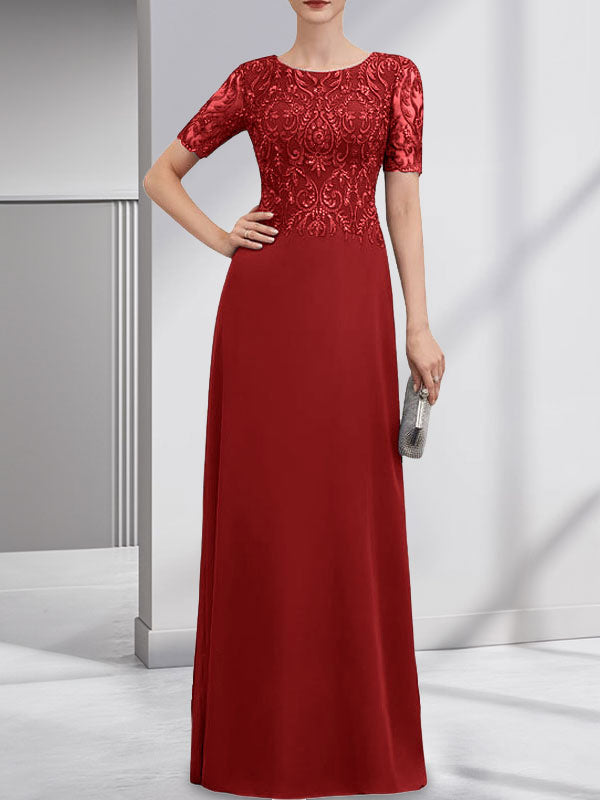 Vestido de gasa con encaje y lentejuelas para madre de la novia, corte A, largo hasta el suelo