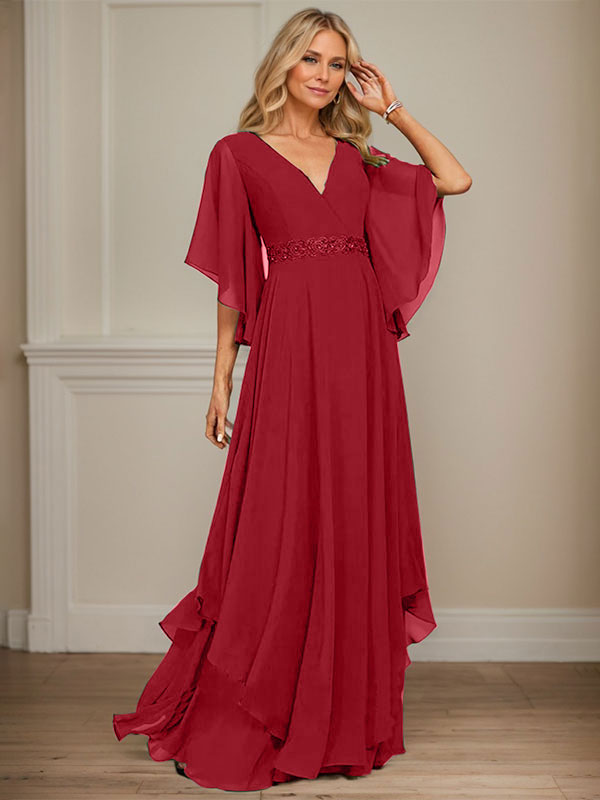 Vestido de gasa para madre de la novia, corte A, escote en V, largo hasta el suelo, con apliques de lentejuelas, encaje y abalorios