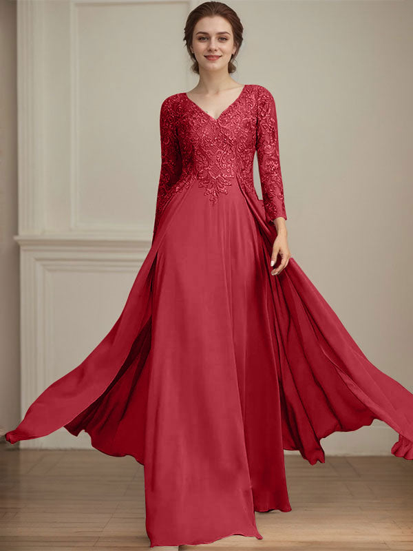Vestido de madre de la novia de gasa con encaje, escote en V y lentejuelas, largo hasta el suelo