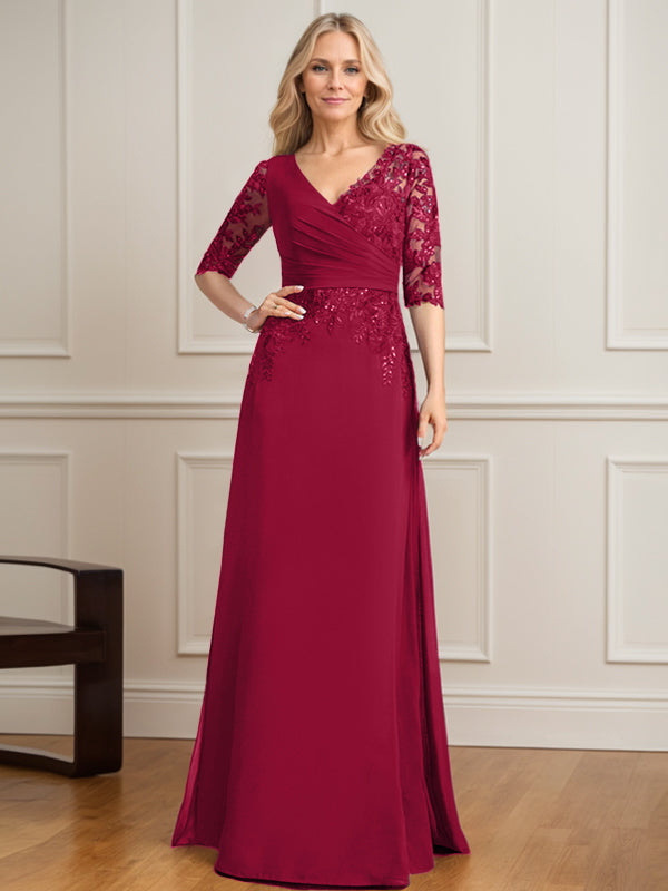 Vestido de madre de la novia de gasa con encaje, escote en V y lentejuelas plisadas hasta el suelo