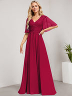 Vestido de madre de la novia de gasa con encaje, escote en V y lentejuelas, largo hasta el suelo