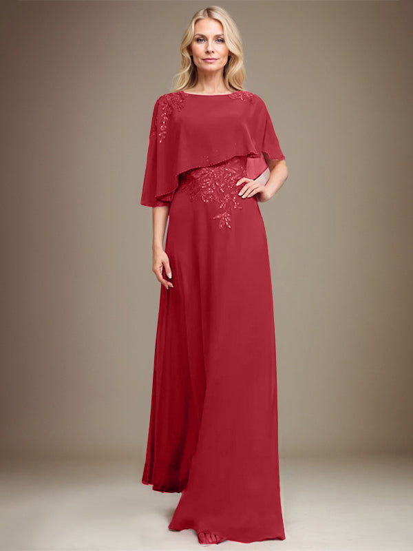 A-Linie U-Ausschnitt Bodenlang Chiffon Spitze Kleid für die Brautmutter mit Pailletten und Perlen 