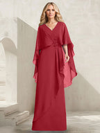 Vestido de gasa para madre de la novia con escote en V, corte A y largo hasta el suelo, con volantes en cascada y cuentas
