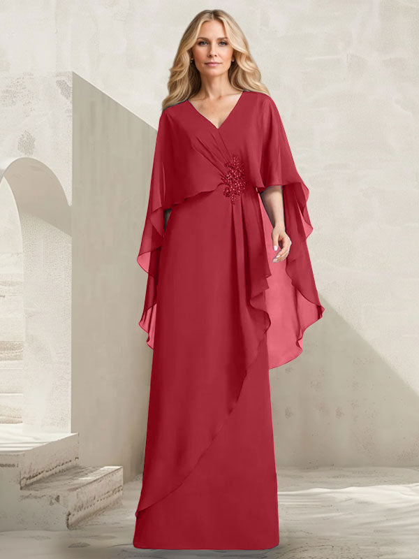 Vestido de gasa para madre de la novia con escote en V, corte A y largo hasta el suelo, con volantes en cascada y cuentas