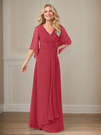 A-Linie V-Ausschnitt Lange Pailletten Chiffon Mutterkleid