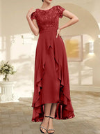 Vestido de madre de la novia de gasa asimétrica con escote en A, ilusión, encaje, lazo, volante y lentejuelas