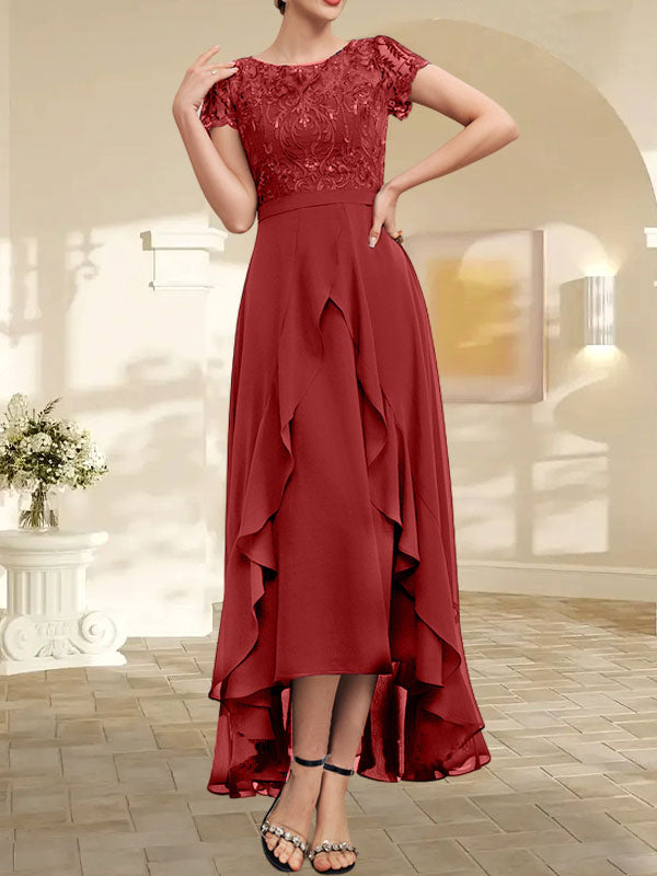 Vestido de madre de la novia de gasa asimétrica con escote en A, ilusión, encaje, lazo, volante y lentejuelas