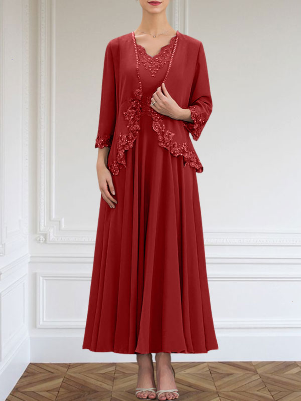 Vestido de gasa para madre de la novia, corte A, escote en V, largo hasta los tobillos, con apliques de lentejuelas, encaje y cuentas