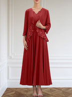 Vestido de gasa para madre de la novia, corte A, escote en V, largo hasta los tobillos, con apliques de lentejuelas, encaje y cuentas