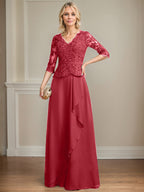 A-Linie V-Ausschnitt Bodenlanges Spitzen-Chiffon-Kleid für die Brautmutter mit kaskadierenden Rüschen und Pailletten 