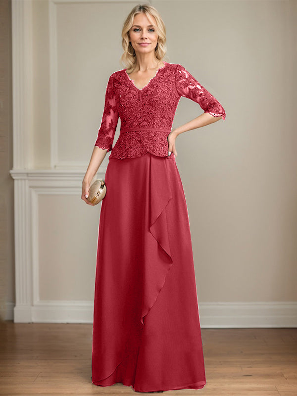 Vestido de madre de la novia de gasa con encaje, escote en V, largo hasta el suelo, con volantes en cascada y lentejuelas