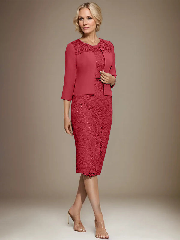 Vestido de gasa con encaje y cuentas para madre de la novia, largo hasta la rodilla, con escote redondo y corte columna