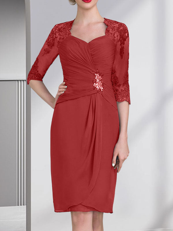 Vestido de gasa para madre de la novia con escote corazón, largo hasta la rodilla, con apliques de cuentas, encaje y lentejuelas plisado.