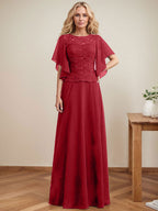 Vestido de gasa con encaje y lentejuelas para madre de la novia, corte A, escote ilusión, largo hasta el suelo
