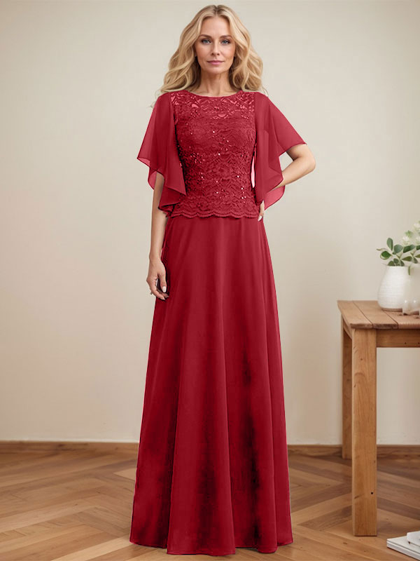 Vestido de gasa con encaje y lentejuelas para madre de la novia, corte A, escote ilusión, largo hasta el suelo