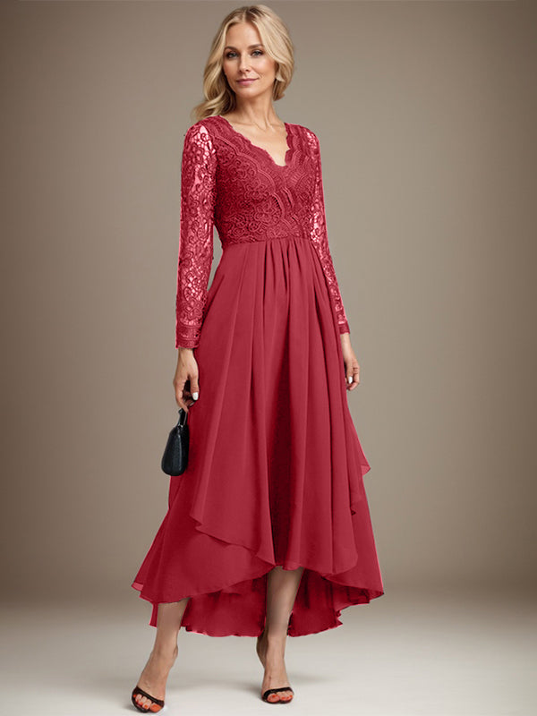 Vestido de madre de la novia de gasa con encaje asimétrico, escote en V y corte A