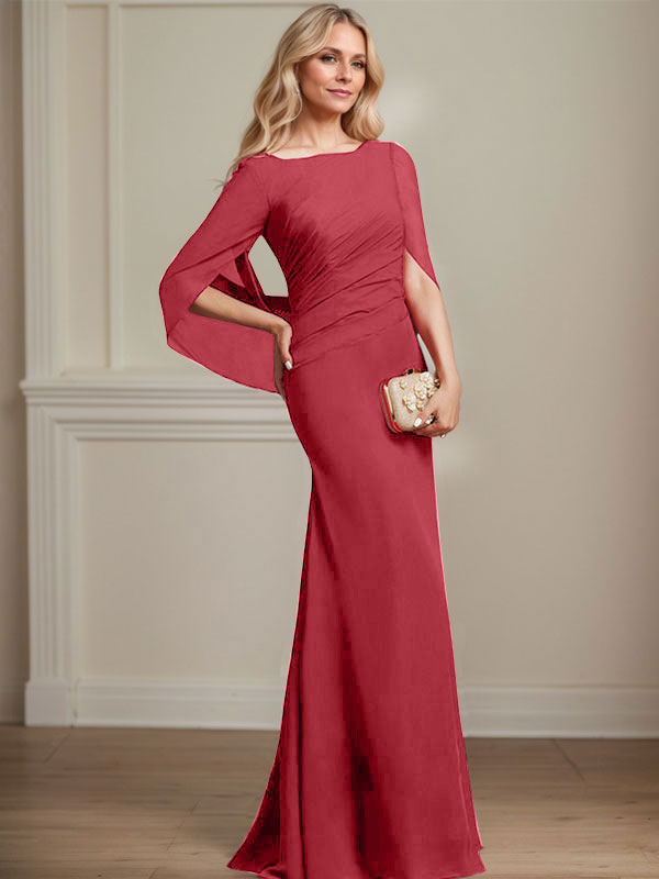 Vestido de madre de la novia de gasa con escote barco, corte trompeta/sirena, largo hasta el suelo, con pliegues