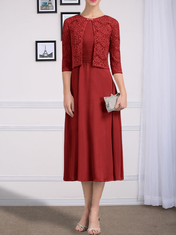 Vestido de gasa para madre de la novia con corte en A, escote redondo y largo hasta la rodilla con pliegues