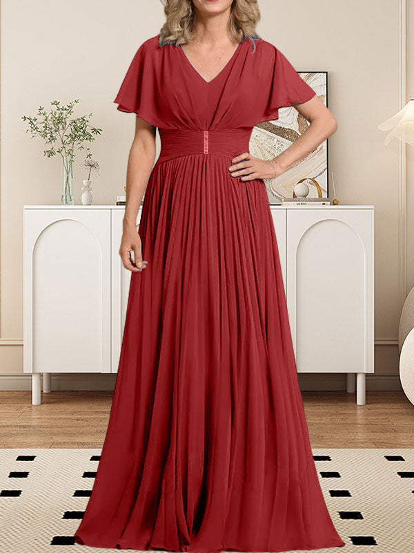 Vestido de gasa para madre de la novia, corte A, escote en V, largo hasta el suelo, con broche de cristal y plisado