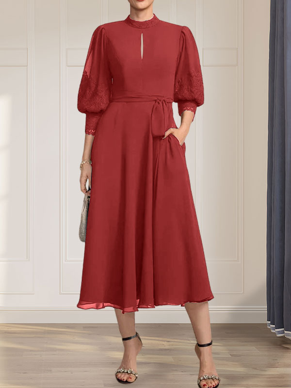 A-line High Neck Tea-Length Lace Chiffon Mother of the Bride Dress With Bow