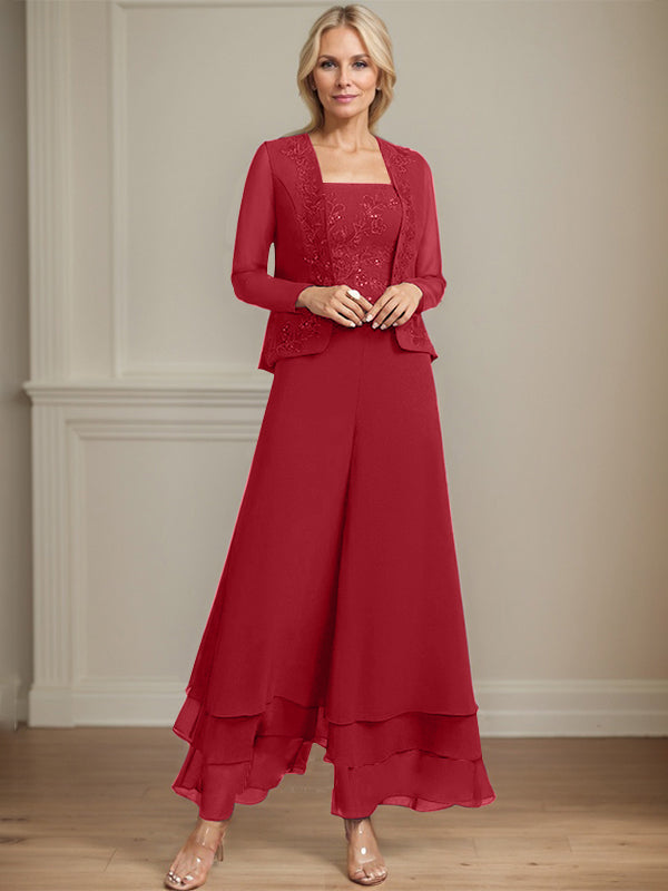 Separates Jumpsuit/Hosenanzug Quadratisches Knöchellanges Spitzenchiffonkleid für die Brautmutter mit Pailletten 