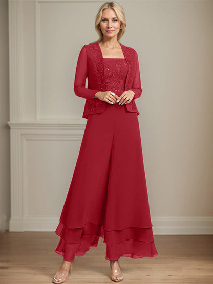 Separates Jumpsuit/Hosenanzug Quadratisches Knöchellanges Spitzenchiffonkleid für die Brautmutter mit Pailletten 