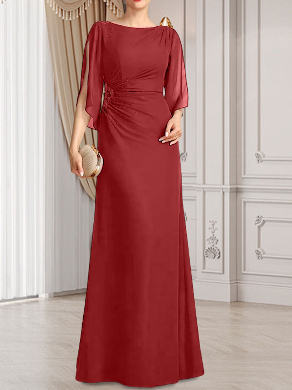 Vestido de gasa para madre de la novia con corte tubo/columna, escote redondo y largo hasta el suelo, con cuentas plisadas