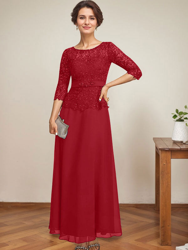 Vestido de gasa con encaje y escote en A, ilusión, largo hasta los tobillos, para madre de la novia con cuentas de diamantes de imitación