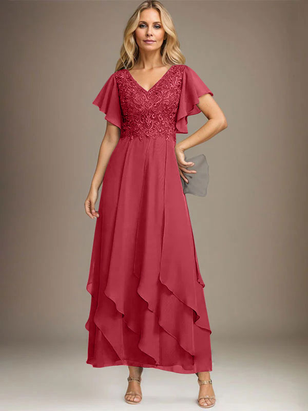 Vestido de gasa con encaje y escote en V hasta los tobillos para madre de la novia con volantes en cascada
