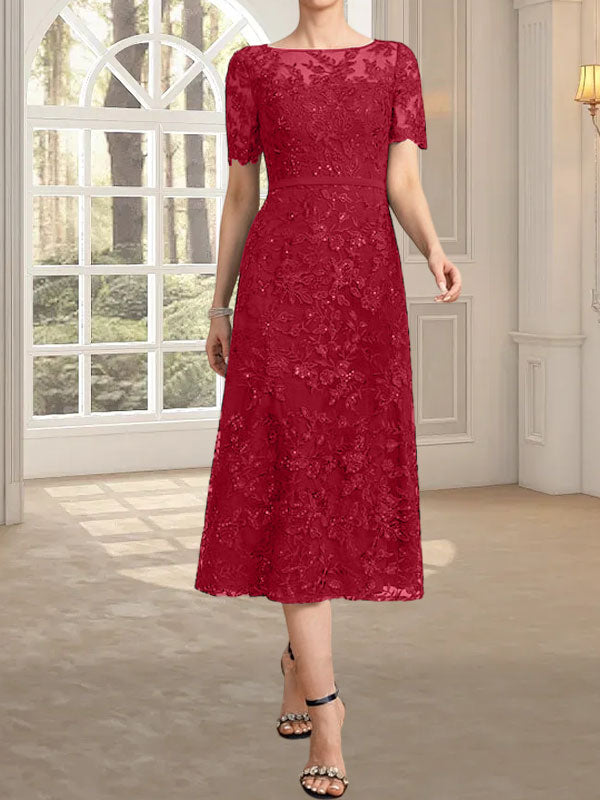 Vestido de madre de la novia de encaje con lentejuelas, corte A, escote ilusión y largo hasta la rodilla