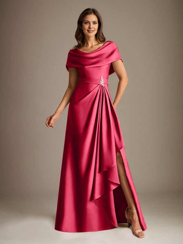 Vestido de madre de la novia de satén elástico, corte A, largo hasta el suelo, con escote redondo y volantes en cascada