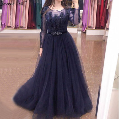 Wine Red A-Line Tulle Design Evening Dresses Long Sleeves Crystal Luxury Formal Dress 2025 LA70280