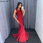 Weinrot Dubai Kristall Oansatz Abendkleider Meerjungfrau Ärmellose Luxus Formale Kleid Real Photo LA60980 