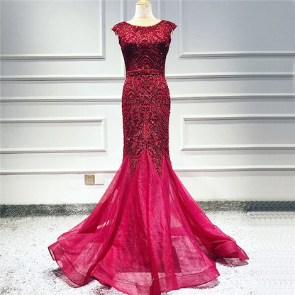 Wine Red Dubai Crystal O-Neck Evening Dresses Mermaid Sleeveless Luxury Formal Dress Real Photo LA60980