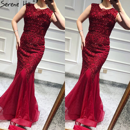Wine Red Dubai Crystal O-Neck Evening Dresses Mermaid Sleeveless Luxury Formal Dress Real Photo LA60980