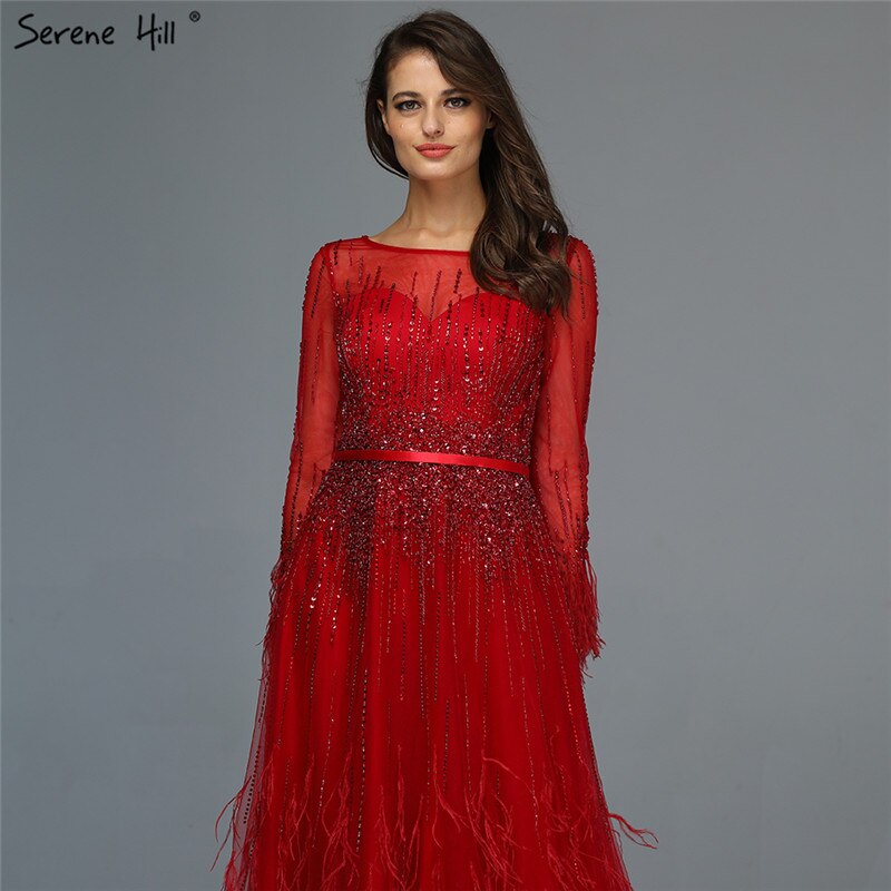 Vestido de noche rosa de corte A con diseño de Dubái, plumas, mangas largas, lujoso, con cuentas, para mujer, fiesta 2025, LA60836 