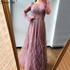 Vestido de noche rosa de corte A con diseño de Dubái, plumas, mangas largas, lujoso, con cuentas, para mujer, fiesta 2025, LA60836 