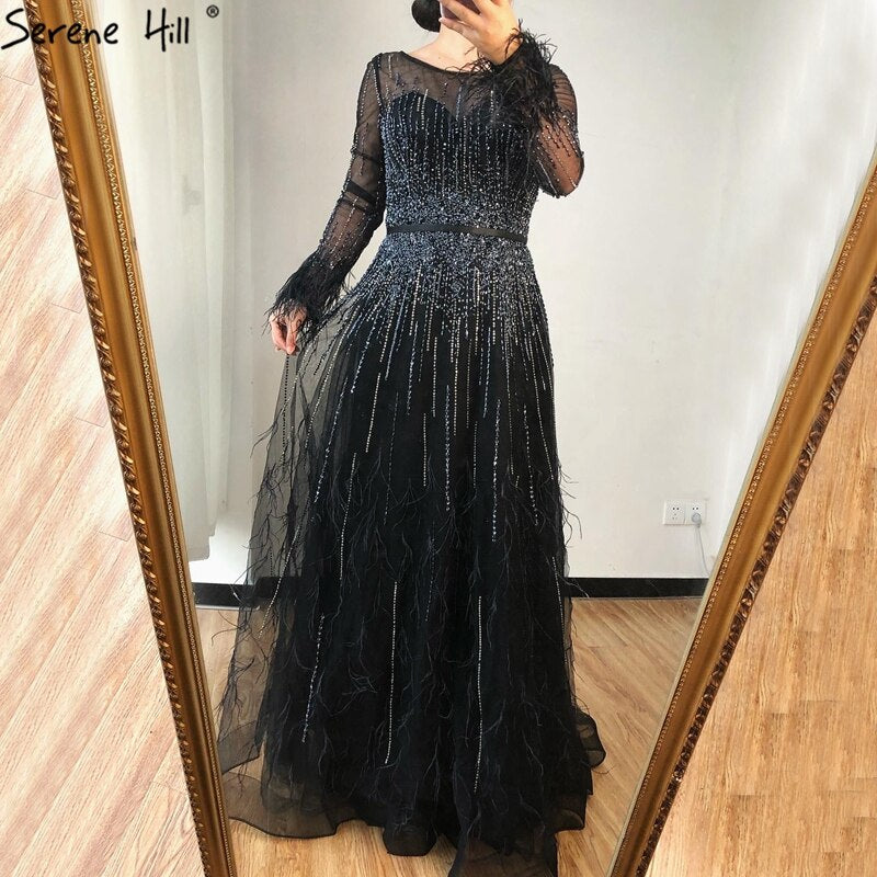 Vestido de noche rosa de corte A con diseño de Dubái, plumas, mangas largas, lujoso, con cuentas, para mujer, fiesta 2025, LA60836 