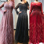 Vestido de noche rosa de corte A con diseño de Dubái, plumas, mangas largas, lujoso, con cuentas, para mujer, fiesta 2025, LA60836 