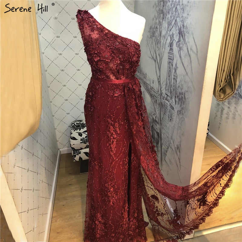 Weinrot Handgemachte Blumen Perlen Abendkleider One-Shoulder Sexy Luxus Abendkleider 2025 LA60901 