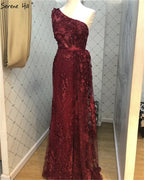 Weinrot Handgemachte Blumen Perlen Abendkleider One-Shoulder Sexy Luxus Abendkleider 2025 LA60901 