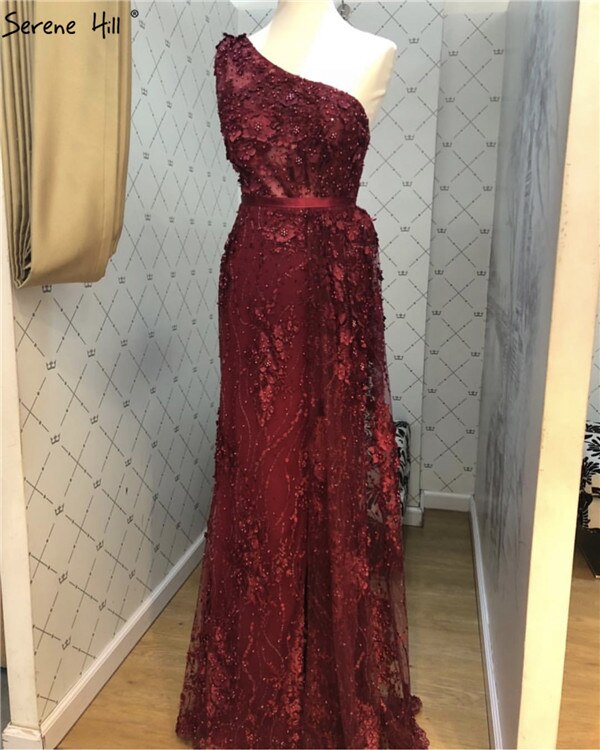 Weinrot Handgemachte Blumen Perlen Abendkleider One-Shoulder Sexy Luxus Abendkleider 2025 LA60901 