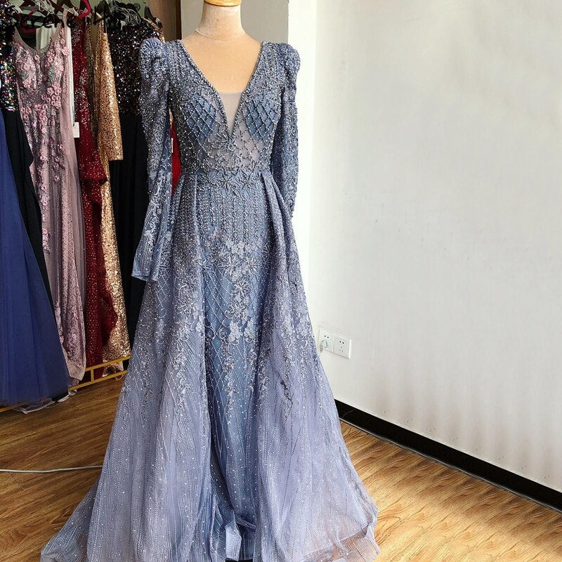 Wine Red Mermaid V-Neck Dubai Evening Dresses 2025 Luxury Long Sleeves Beading Crystal Formal Dress LA70537