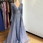 Wine Red Mermaid V-Neck Dubai Evening Dresses 2025 Luxury Long Sleeves Beading Crystal Formal Dress LA70537