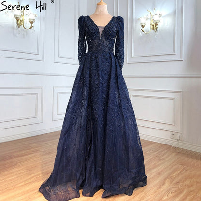 Wine Red Mermaid V-Neck Dubai Evening Dresses 2025 Luxury Long Sleeves Beading Crystal Formal Dress LA70537