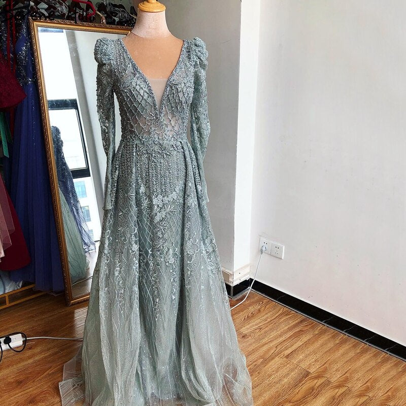 Wine Red Mermaid V-Neck Dubai Evening Dresses 2025 Luxury Long Sleeves Beading Crystal Formal Dress LA70537