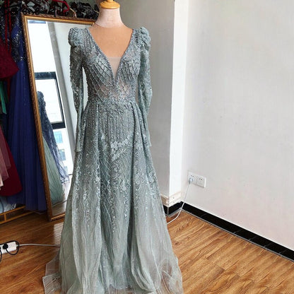 Wine Red Mermaid V-Neck Dubai Evening Dresses 2025 Luxury Long Sleeves Beading Crystal Formal Dress LA70537