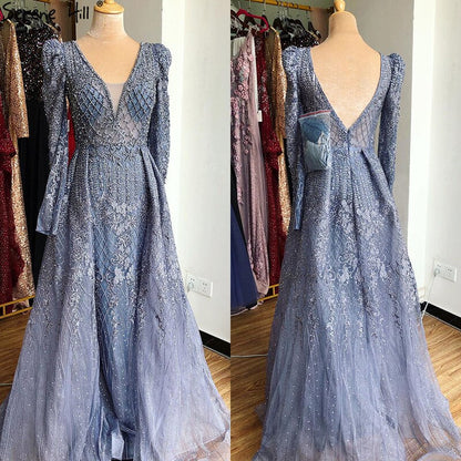 Wine Red Mermaid V-Neck Dubai Evening Dresses 2025 Luxury Long Sleeves Beading Crystal Formal Dress LA70537