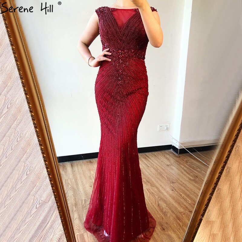 Wine Red O-Neck Luxury Sleeveless Evening Dresses 2025 Dubai Mermaid Diamond Beading Formal Dress LA70415