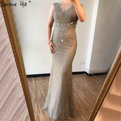 Wine Red O-Neck Luxury Sleeveless Evening Dresses 2025 Dubai Mermaid Diamond Beading Formal Dress LA70415